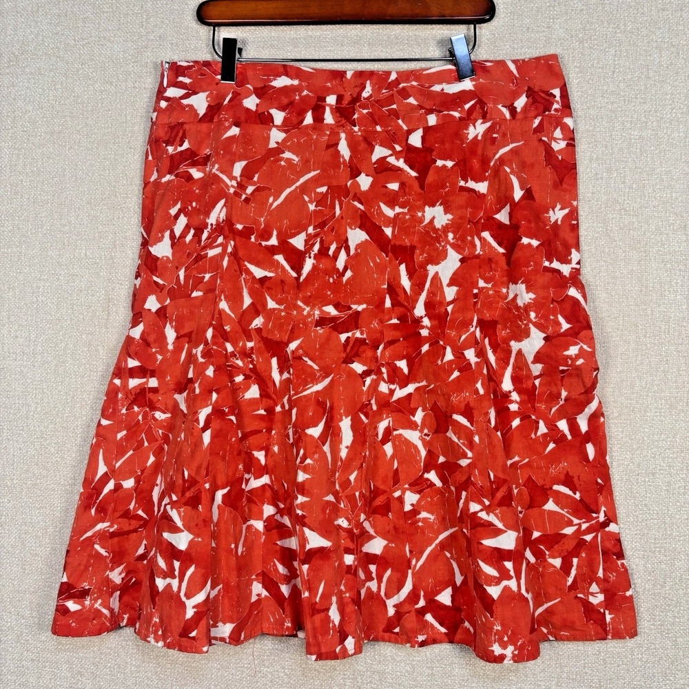 Brandon Thomas Red White Abstract Floral Linen Blend A-Line Skirt Women Size 16